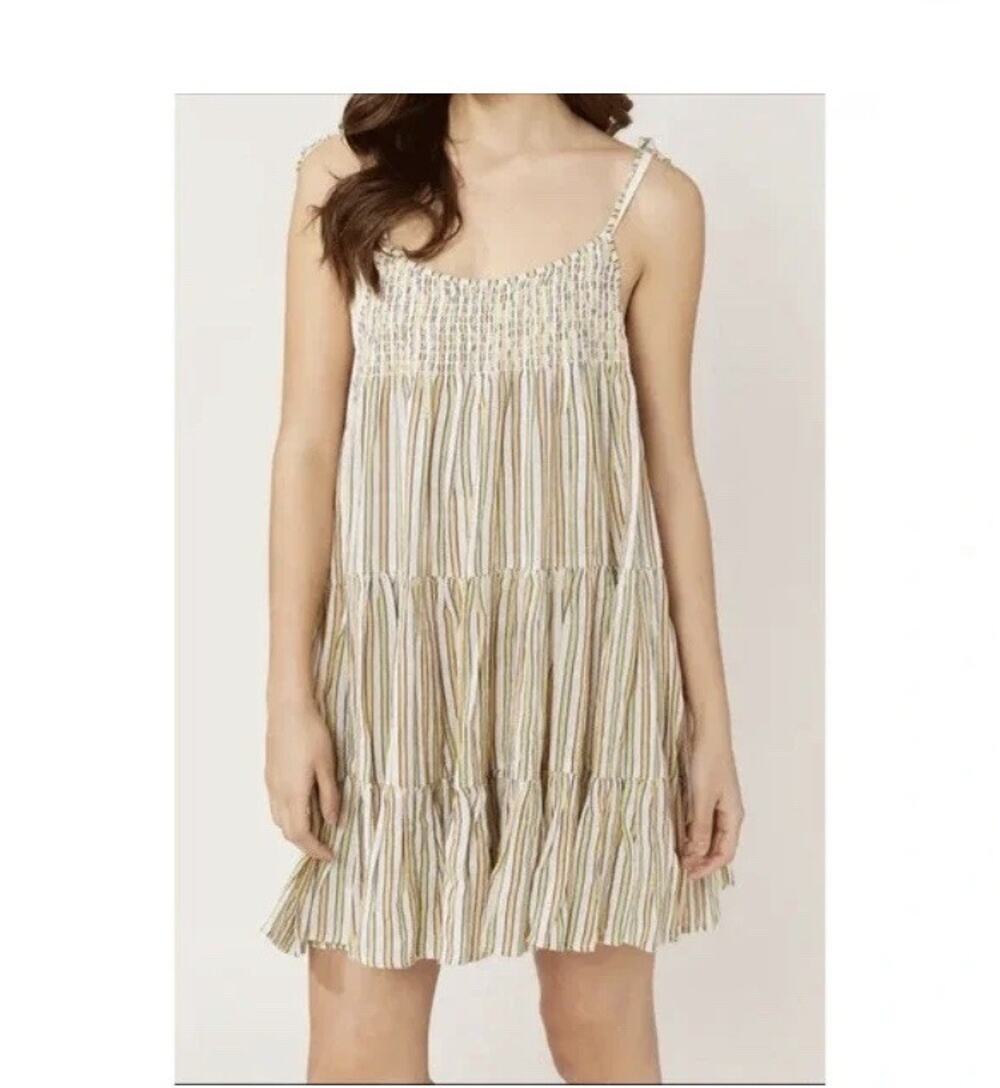 Solid & Striped Women M Miami Stripe Tiered Mini Dress Linen Cotton Smocked